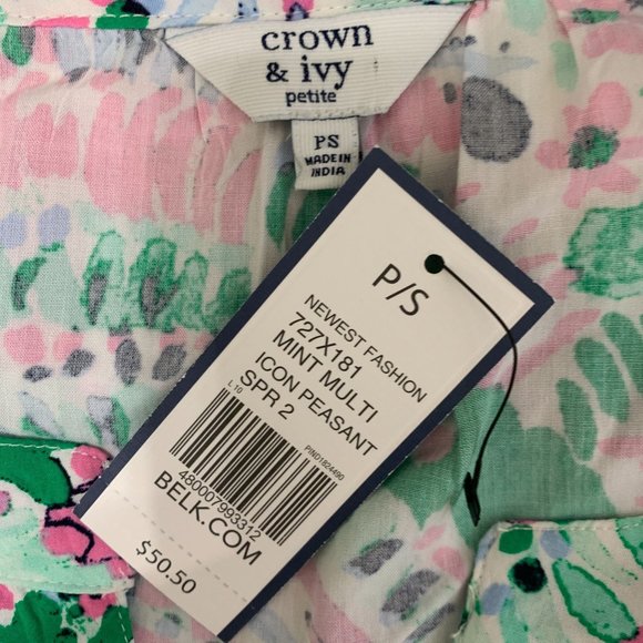 Crown & Ivy PS Top NWT Petite Small Pink Green Pom Crochet Icon Peasant Sleevele - Picture 4 of 7